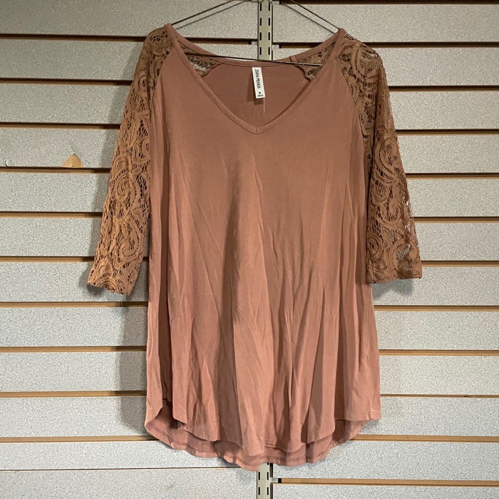 Zenana Premium Top Medium‎ Womens Brown Lace Sleeve V Neck Tunic Blouse